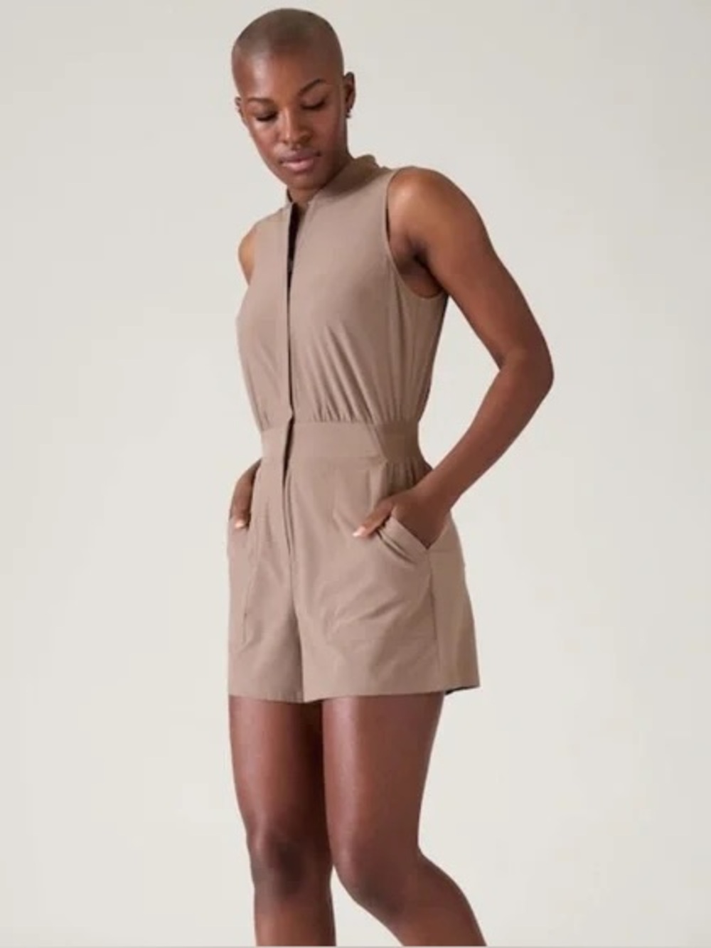 Athleta Brown Zip-Front Sleeveless Jumpsuit Brooklyn Utility Romper in tan